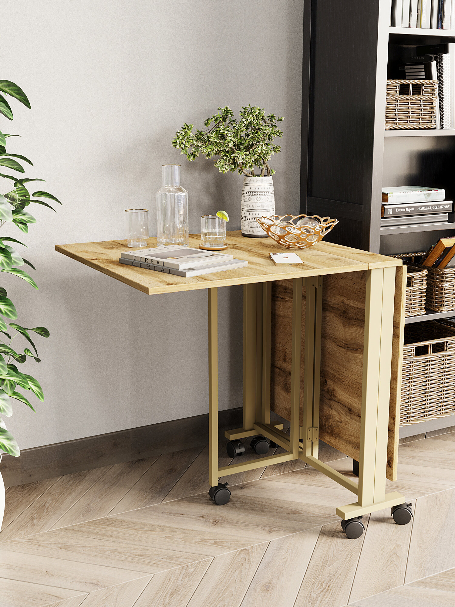 Стол-книжка для кухни и гостиной раскладной узкий компактный KM LOFT золотой/вотан