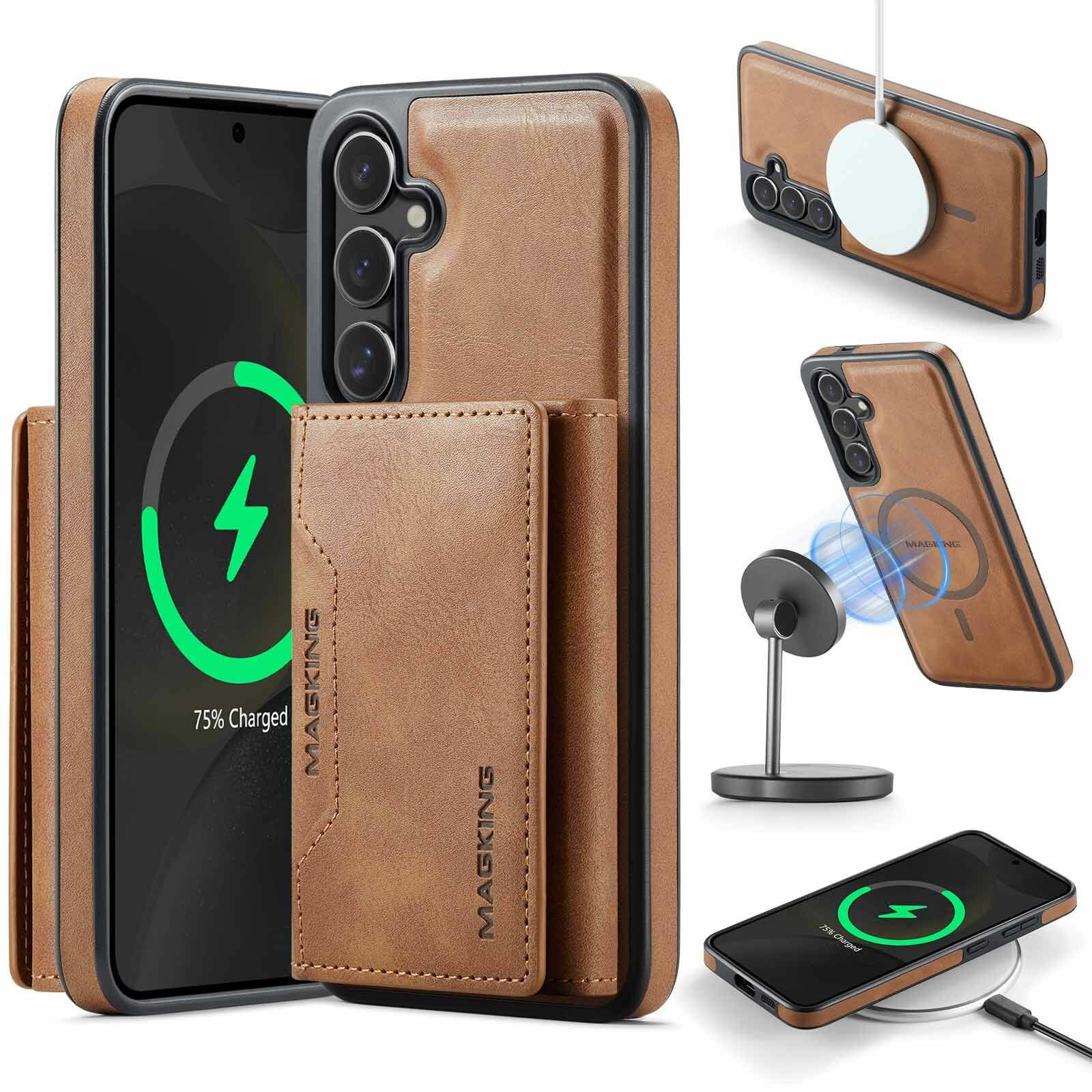 Кожаный чехол Deluxe для Samsung Galaxy S24(Самсунг Галакси с24) с беспроводной автомобильной зарядкой Magsafe