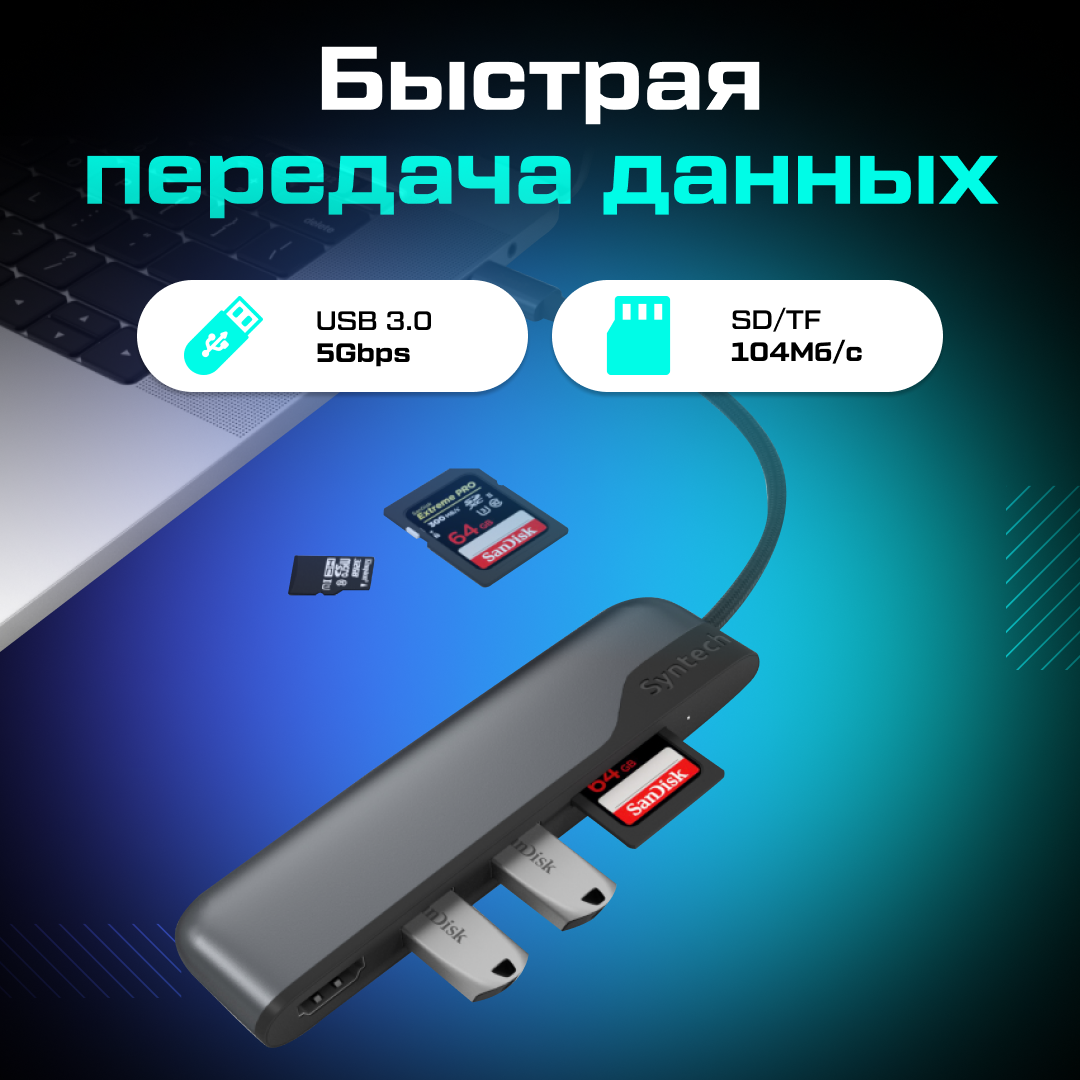 Адаптер Syntech 5-в-1 USB C на HDMI с картридером для SD и MicroSD карт — фото 1