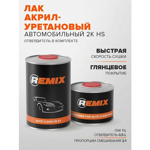 Лак автомобильный 2К акрил-уретановый глянцевый HS комплект REMIX AUTO CLEAR 21 1 л отвердитель 05 л прозрачный с отвердителем 1970₽