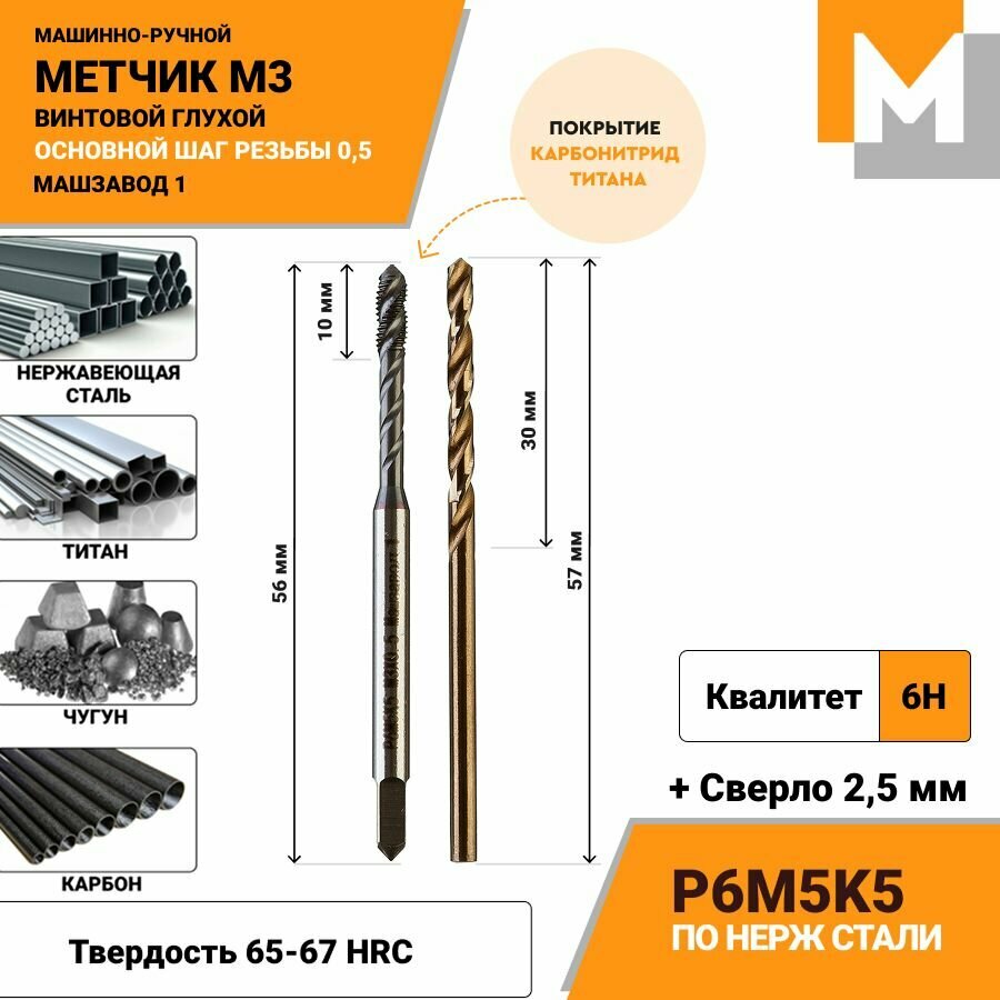 Метчик М3 винтовой Р6М5К5 и сверло 2,5 мм Р6М5К5 Кобальт