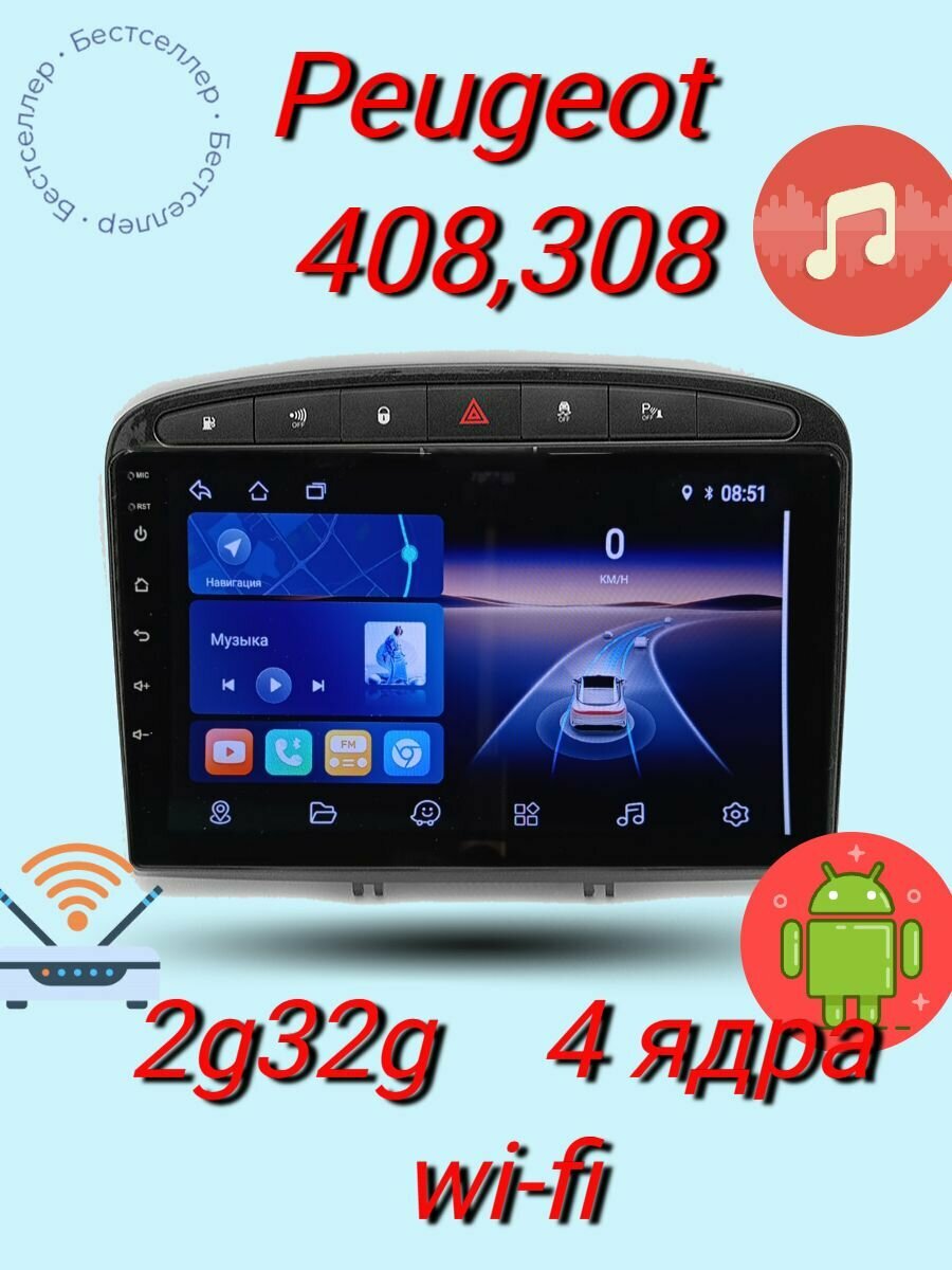 Магнитола на Пежо 308,408 андроид 2g32g, карплей