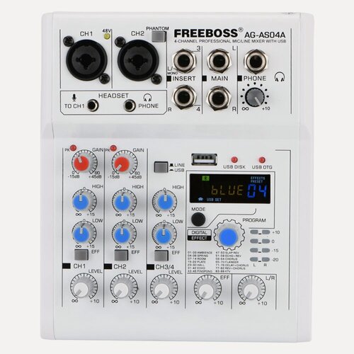 Изображение товара Микшер для мобильного вещания 4 канала Bluetooth PC USB 88 каналов DSP цифровой эффект Белый аудиомикшер AG-AS04A