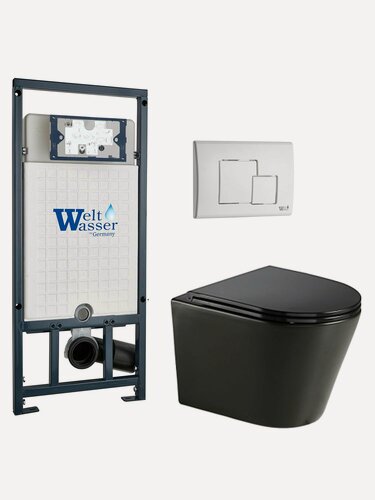 Изображение товара Комплект 6 в 1 WeltWasser: подвесной унитаз SALZBACH 043 GL-BL черный+кнопка смыва MAR 507 SE GL-WT белый+инсталляция MARBERG 507