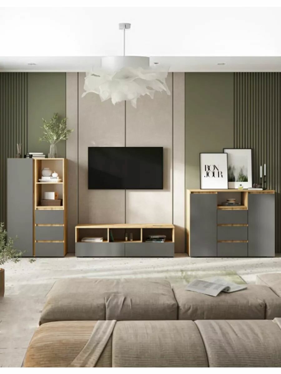 Гостиная комплект Ирэн с полками, с тумбой, с ящиками, 340.6х46 см, Дуб Крафт золотой / Графит серый