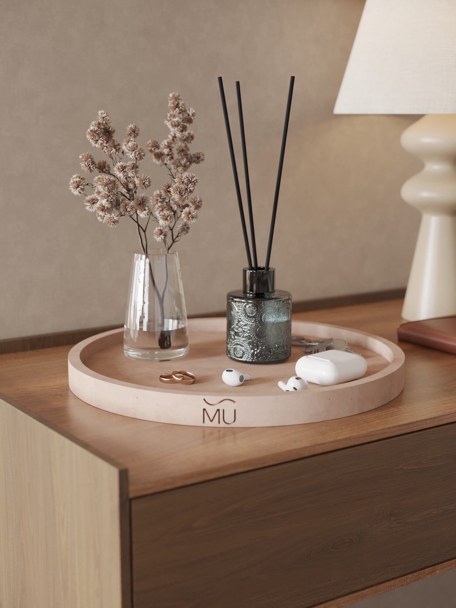 Декоративный круглый поднос, подставка для украшений, мелочей и косметики Lora XXL 30x30 см, бетон, розовый матовый