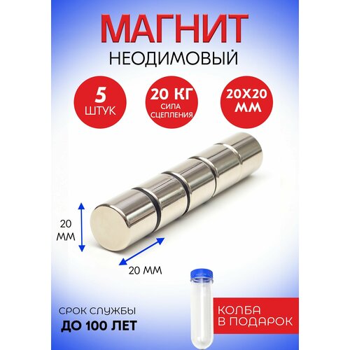 Неодимовые магниты 20х20 мм, диски, набор 5 шт. в тубе