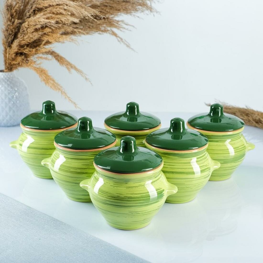 Набор горшков Борисовская керамика №5 для жаркого с ручками зеленый 6 шт