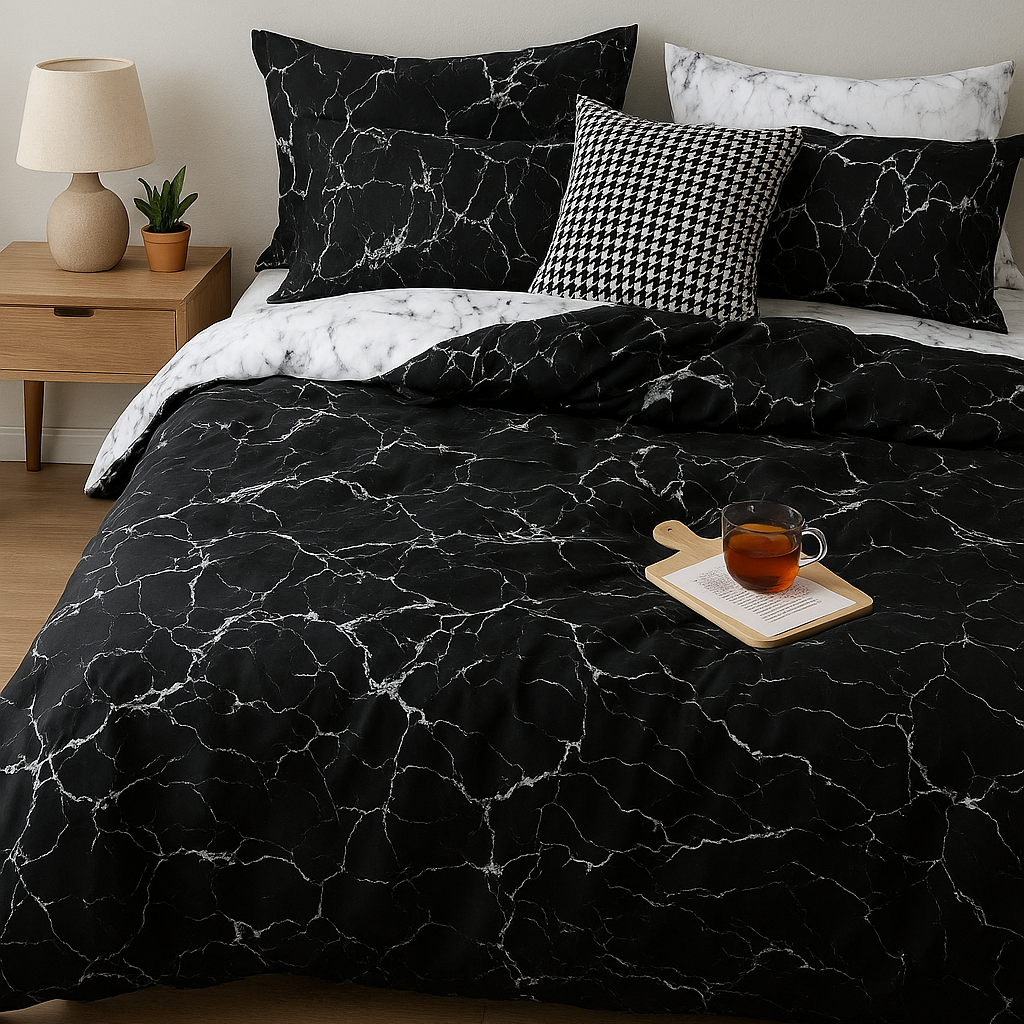 Постельное белье Сатин Евро с простыней на резинках по углам 4 Наволочки 70x70 50x70 Хлопок Aimee SAYA HOME Мрамор