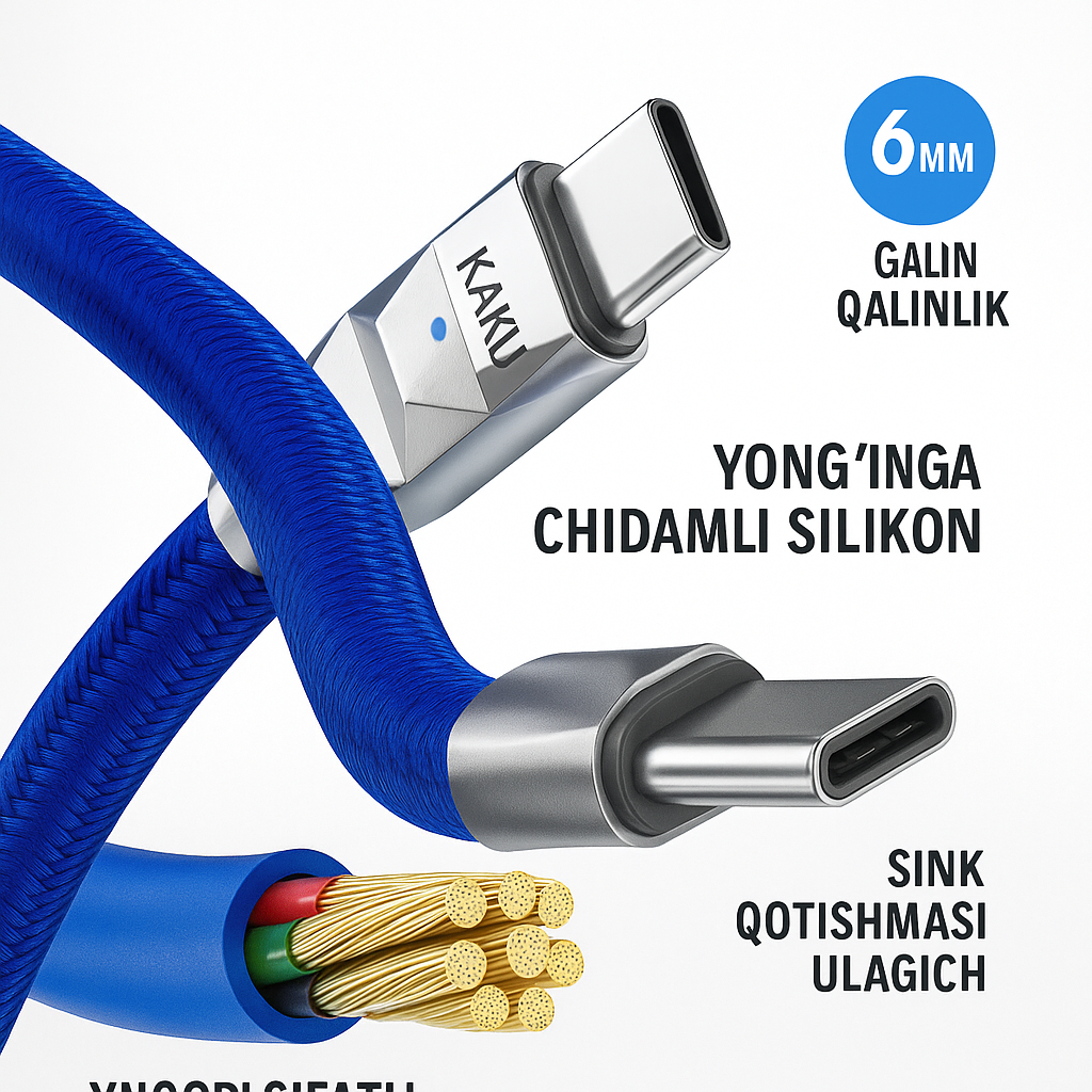 Кабель KAKUSIGA 100 Вт, Type-C - Type-C, 1 м, со светодиодным индикатором, толщина 6 мм, огнестойкий силиконовый провод