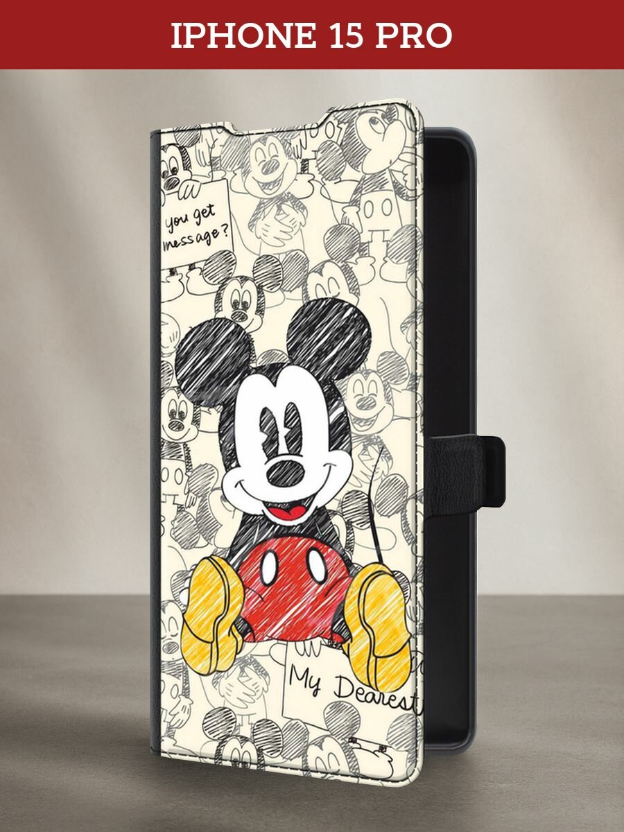 Чехол-книжка на Apple iPhone 15 Pro / Айфон 15 Про с принтом Микки Маус