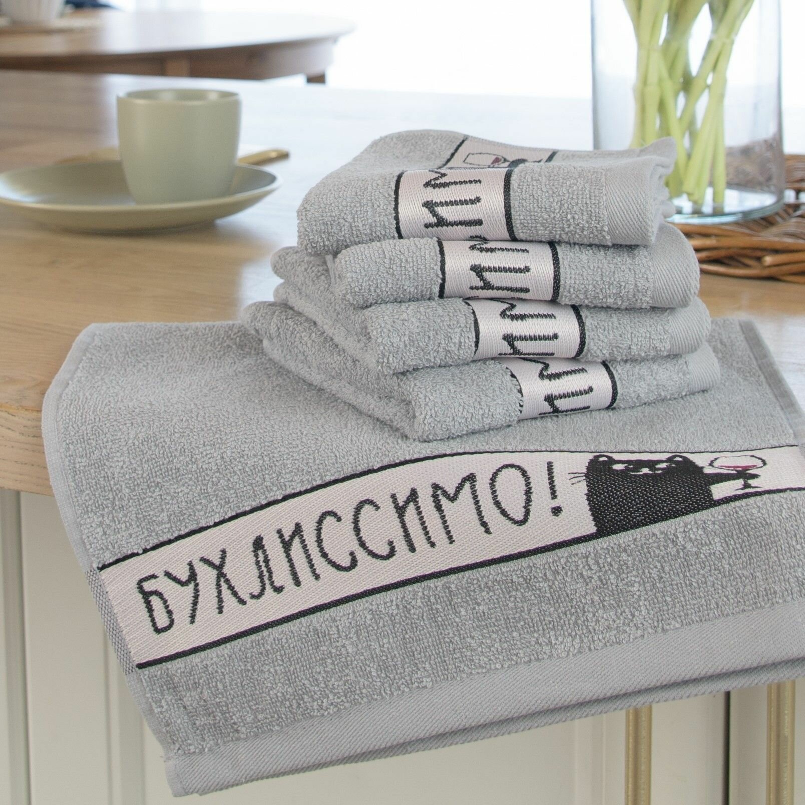 Полотенца махровые кухонные 30х60 см, набор 5 шт, с петелькой, китчен, бухлиссимо / серый