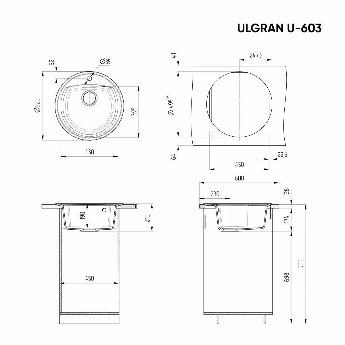 Мойка кухонная Ulgran 52х52 белая - фото №2