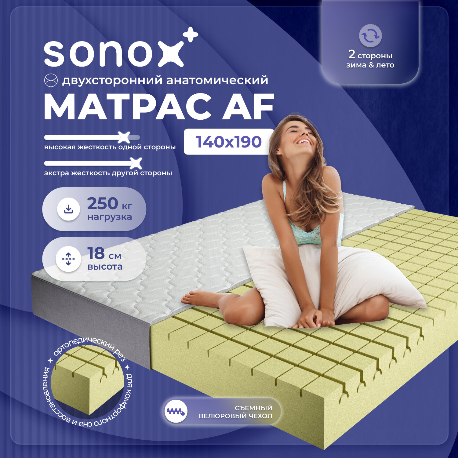Матрас двусторонний SONOX со съёмным чехлом 140х190 см, беспружинный анатомический, 7 зон жёсткости AF140190, эффект независимых пружин