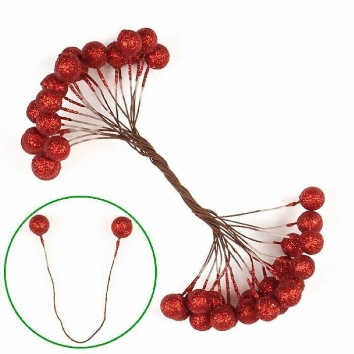 Новогодние ягоды декоративные с блестками красные на проволочной вставке 15 см для декора