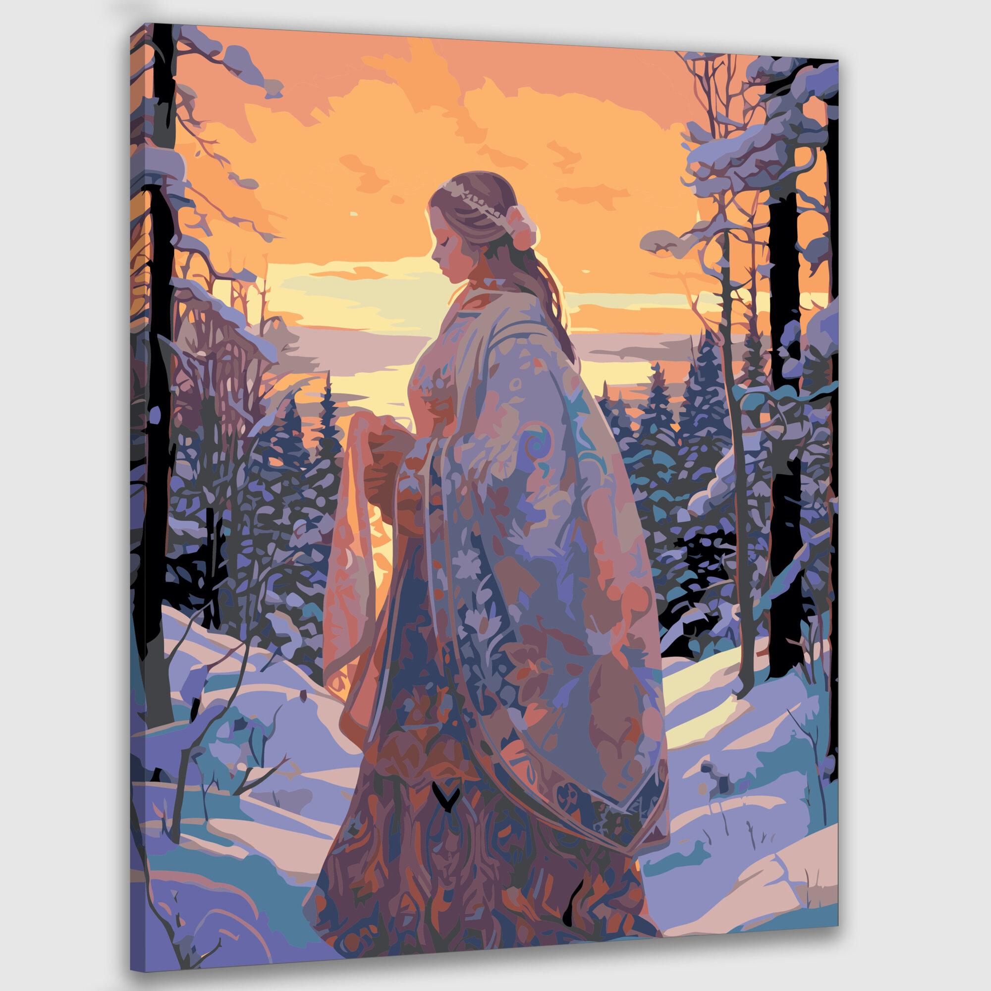 Картина по номерам 40x50 см, картина маслом, Снегурочка, славянская мифология, заснеженный лес, закат солнца