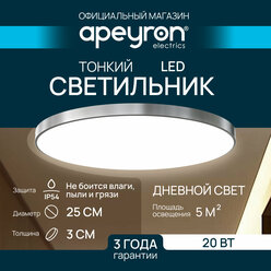 Светильник светодиодный накладной SPA, 20Вт, 230В/50Гц, 1600лм, 4000К, IP54, ø250х30мм, 18-143, круг, серебро, полипропилен, с платформой для монтажа