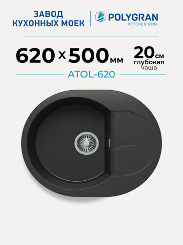 Изображение товара Мойка для кухни каменная POLYGRAN ATOL-620, Черная, Врезная, Круглая, С крылом (Черный №16)