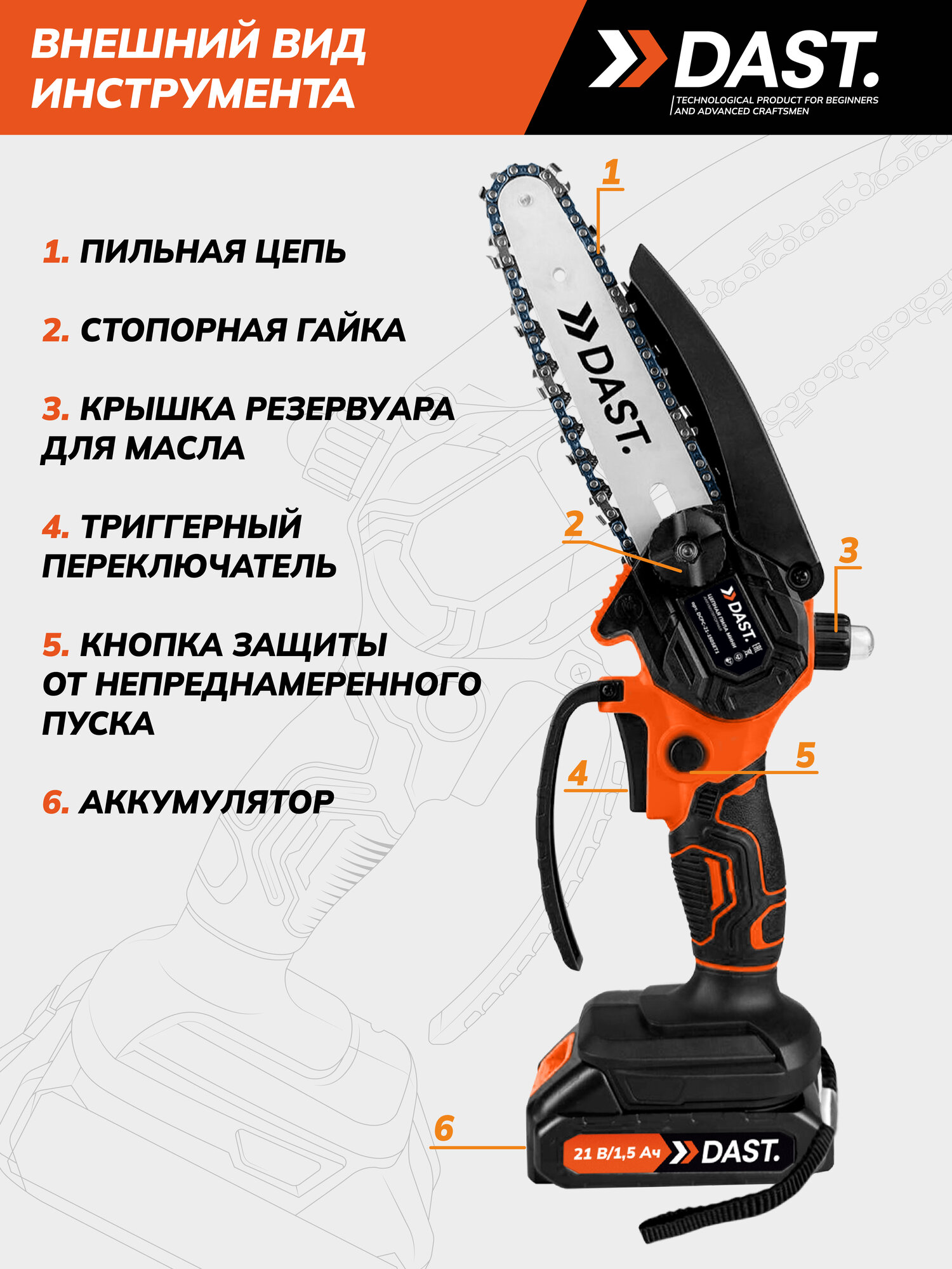 Аккумуляторная цепная мини пила DAST 21 В, 2 АКБ 1,5 А*ч, 2 цепи 37 звеньев, 2 шины 150 мм, в кейсе — фото 1