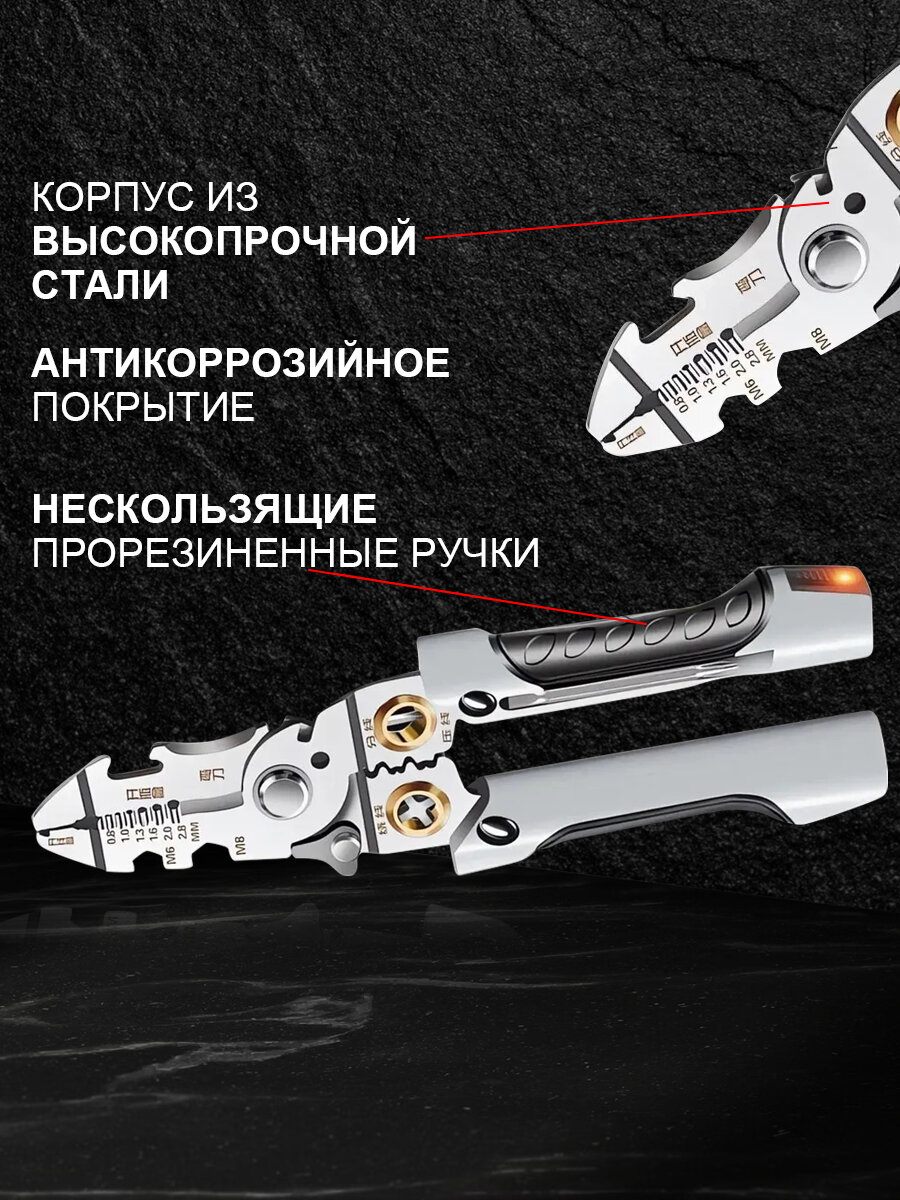 Стриппер для снятия изоляции, Кримпер, Плоскогубцы многофункциональные 21 в 1, Инструмент электрика — фото 1