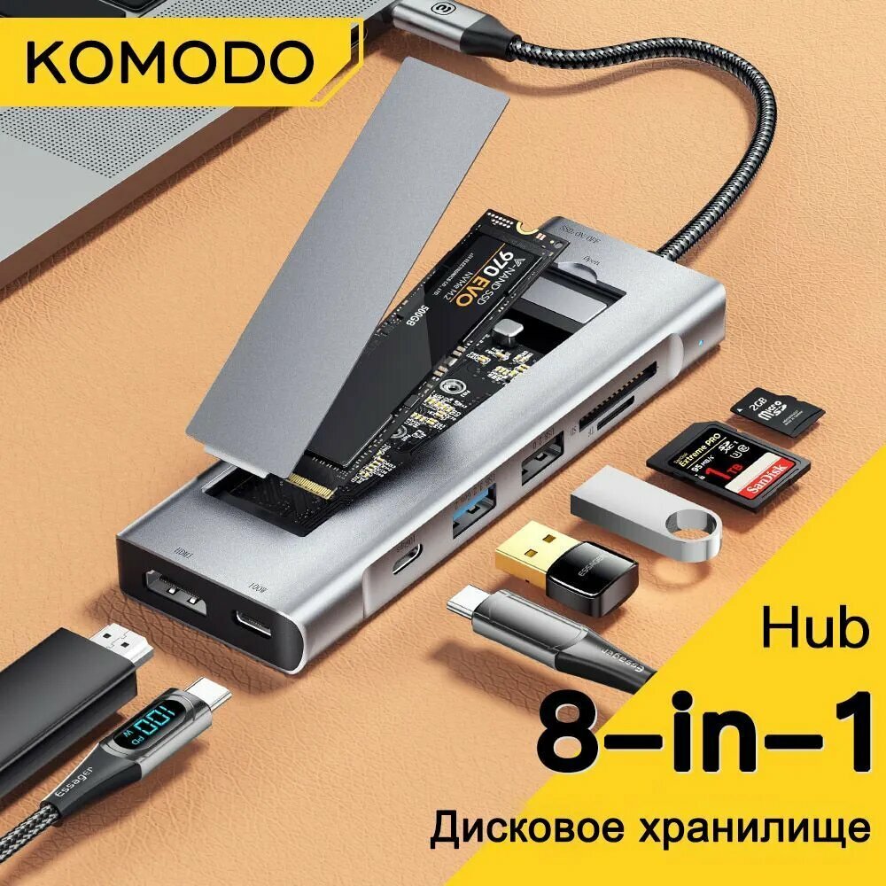 8-в-1 алюминиевый USB-концентратор с корпусом SSD M.2 NVMe 10 Гбит/с 4K HDMI 1.4 USB 3.2 Gen 2 PD 100 Вт
