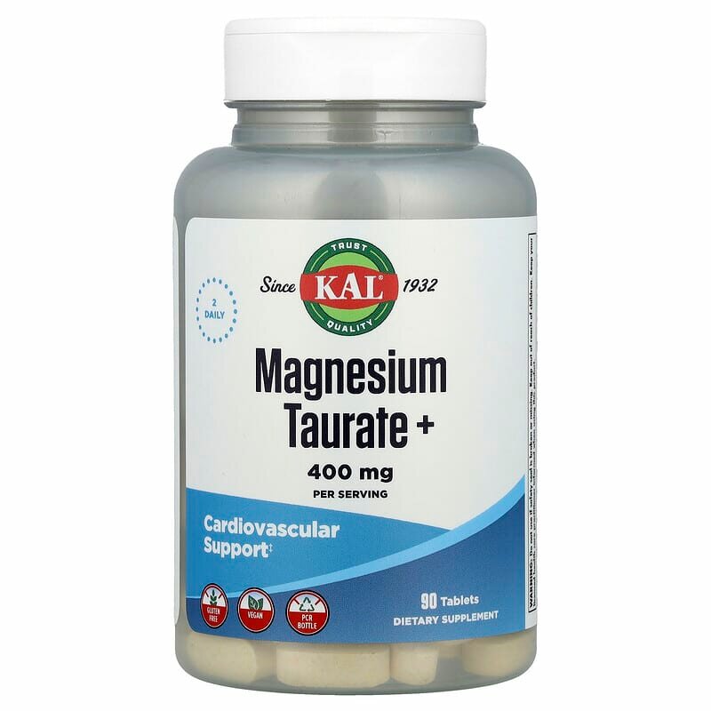 Таблетки KAL "Magnesium Taurate+", для нервной системы и сердца, без вкуса, 250мл, 90шт