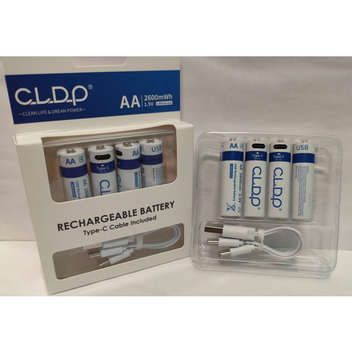 Аккумуляторные батарейки АА 1, 5 v 2600 mWh с зарядкой от USB кабеля, 4 шт.