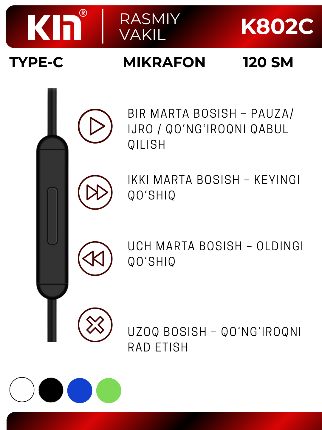 Наушники KIN K802C, Type-C разъём, влагозащитные, с микрофоном — фото 1