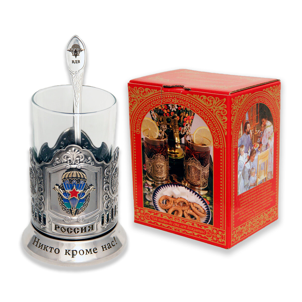 Набор для чая "ВДВ" (3 пр.) карт. коробка, стекл. стакан (знак+лазерная гравировка) ложка-нерж. грав. ПД-618/1КС