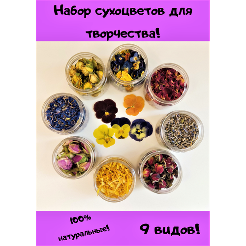 Набор сухоцветов для творчества. 9 видов. Для эпоксидной смолы, свечей, мыла, бомбочек синий, красный, оранжевый, розовый, желтый