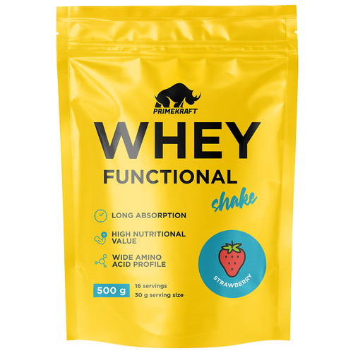 Протеин сывороточный, Prime Kraft, Whey Functional Shake, 500 г, Клубника