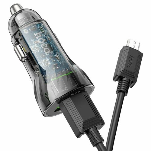 Hoco. Зарядное устройство а/м 12V -> USB 5V hoco Z47 2xUSB, QC 3.0 20W, + кабель microUSB, прозр. чёрное азу ldnio c301 2usb кабель lightning 3600mah