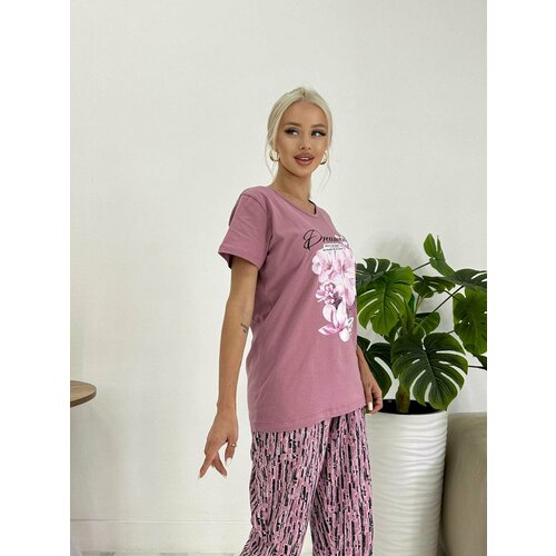 фото Пижама , футболка, брюки, короткий рукав, размер 56, розовый sebo