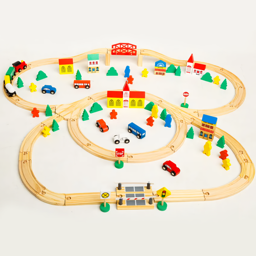 Детская железная дорога из дерева, поезд с вагонами, рельсы с мостом, домики, деревья, машинки, 100 деталей