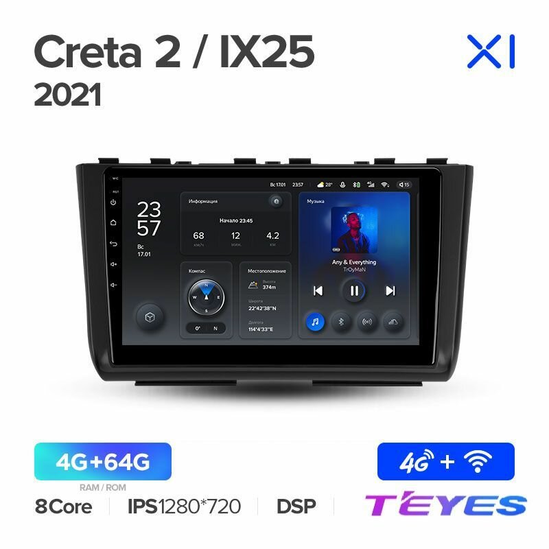Магнитола Hyundai Creta 2 IX25 2021 Teyes X1 4/64GB, штатная магнитола, 8-ми ядерный процессор, IPS экран, DSP, 4G, Wi-Fi, 2 DIN