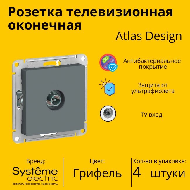 Розетка телевизионная оконечная Systeme Electric Atlas Design 1дБ, Грифель ATN000791 - 4 шт.