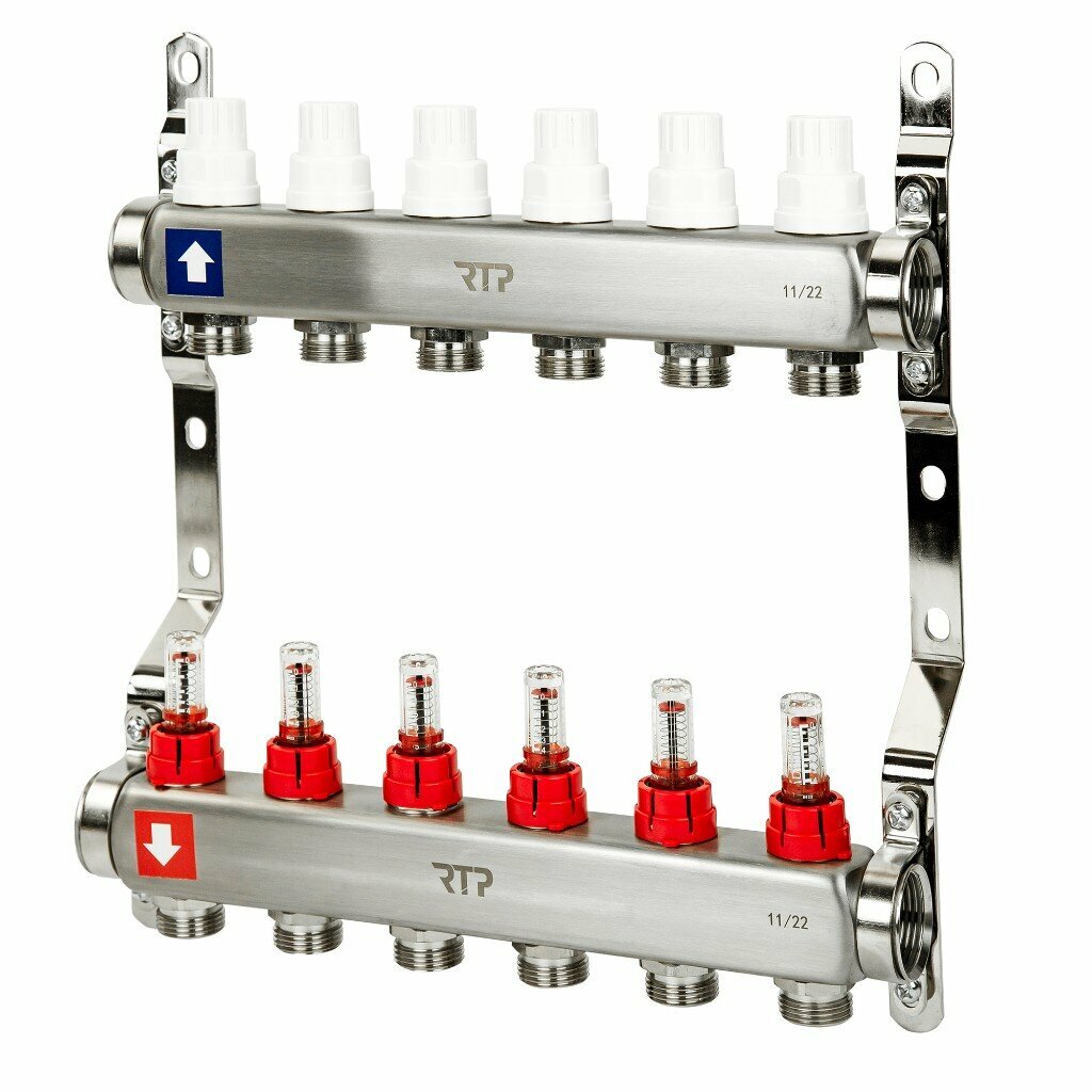 Коллекторная группа 3/4", нержавеющая сталь, с расходометром и кронштейном, 1"х 6 выхода, РосТурПласт