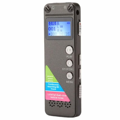 Цифровой диктофон SPEC-08D с дисплеем, со встроенной памятью 8 GB, 80 часов записи, емкость аккумулятора 300 mAh, прослушивание во время записи черный