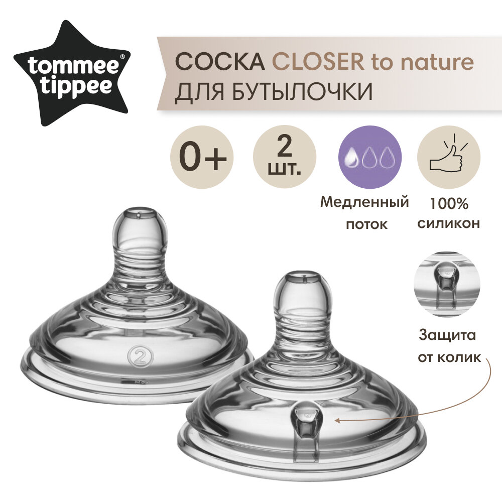 Соска силиконовая для бутылочки Tommee Tippee, Closer to nature, переменный поток, 0+, 2 шт.