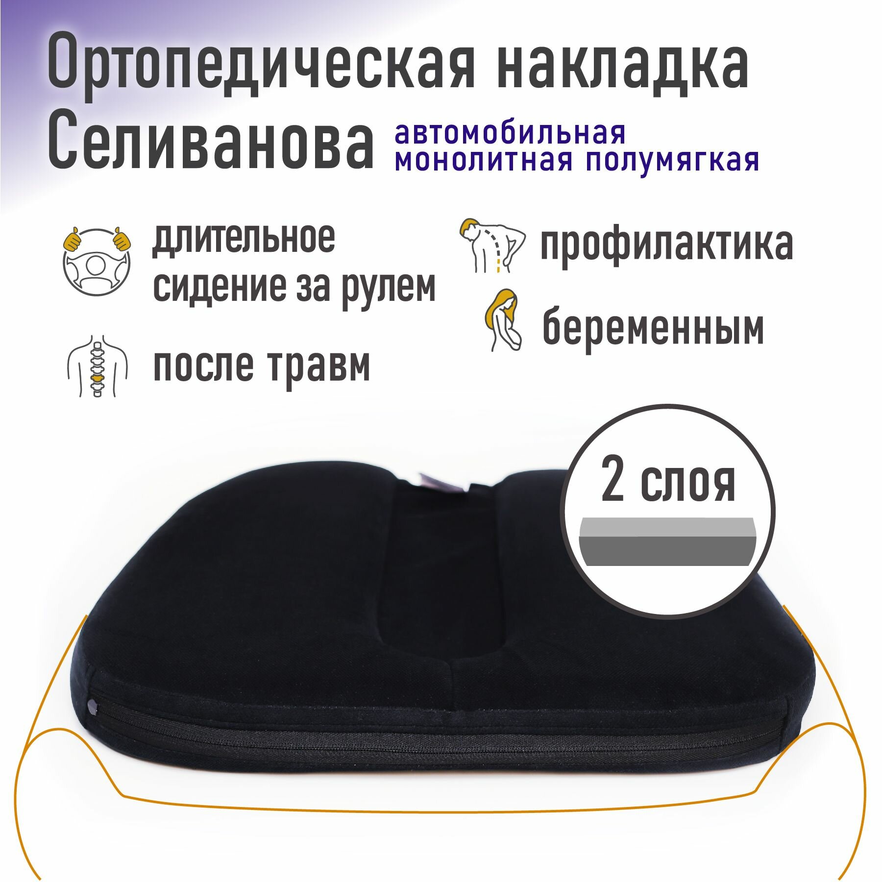 Ортопедическая накладка/подушка Селиванова автомобильная монолитная Полумягкая 44x49 (черный)