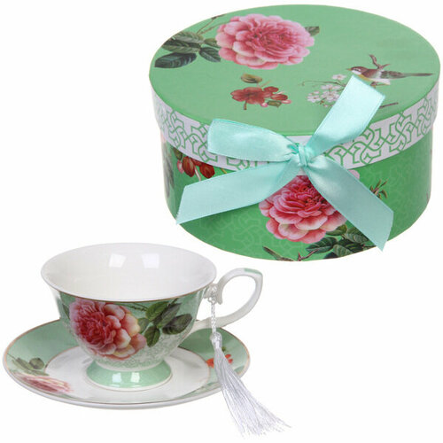 Чайная пара керамическая «Грация» (кружка 220мл+блюдце) в подарочной коробке, зеленая