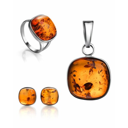 фото Комплект бижутерии: кольцо, серьги, подвеска, янтарь, коричневый amberhandmade