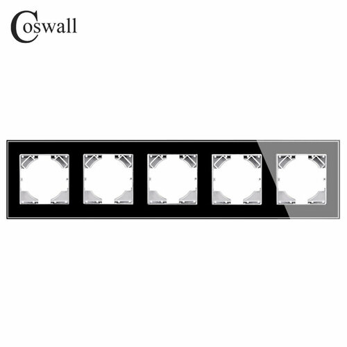 Рамка Coswall для розеток и выключателей, 5 пост, закаленное стекло, чорного цвет