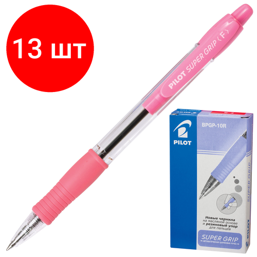 Комплект 13 шт, Ручка шариковая масляная автоматическая с грипом PILOT Super Grip, синяя, розовые детали, линия письма 0.32 мм, BPGP-10R-F