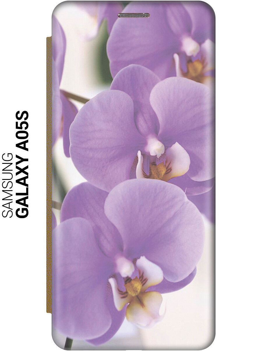 Чехол-книжка на Samsung Galaxy A05s / Самсунг А05с с рисунком "Сиреневые орхидеи" золотистый