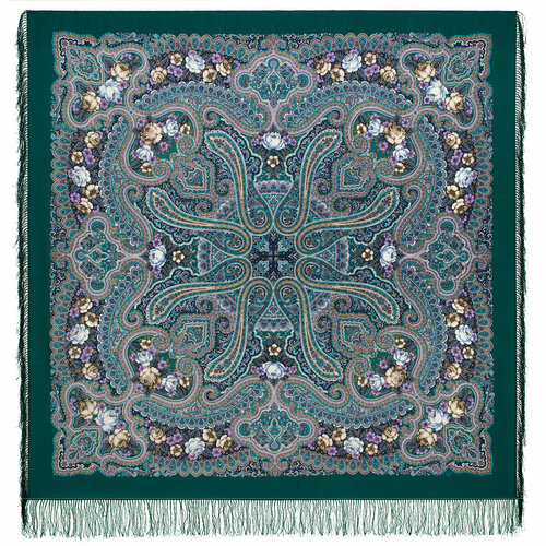 Платок Павловопосадская платочная мануфактура,146х146 см, зеленый, бежевый