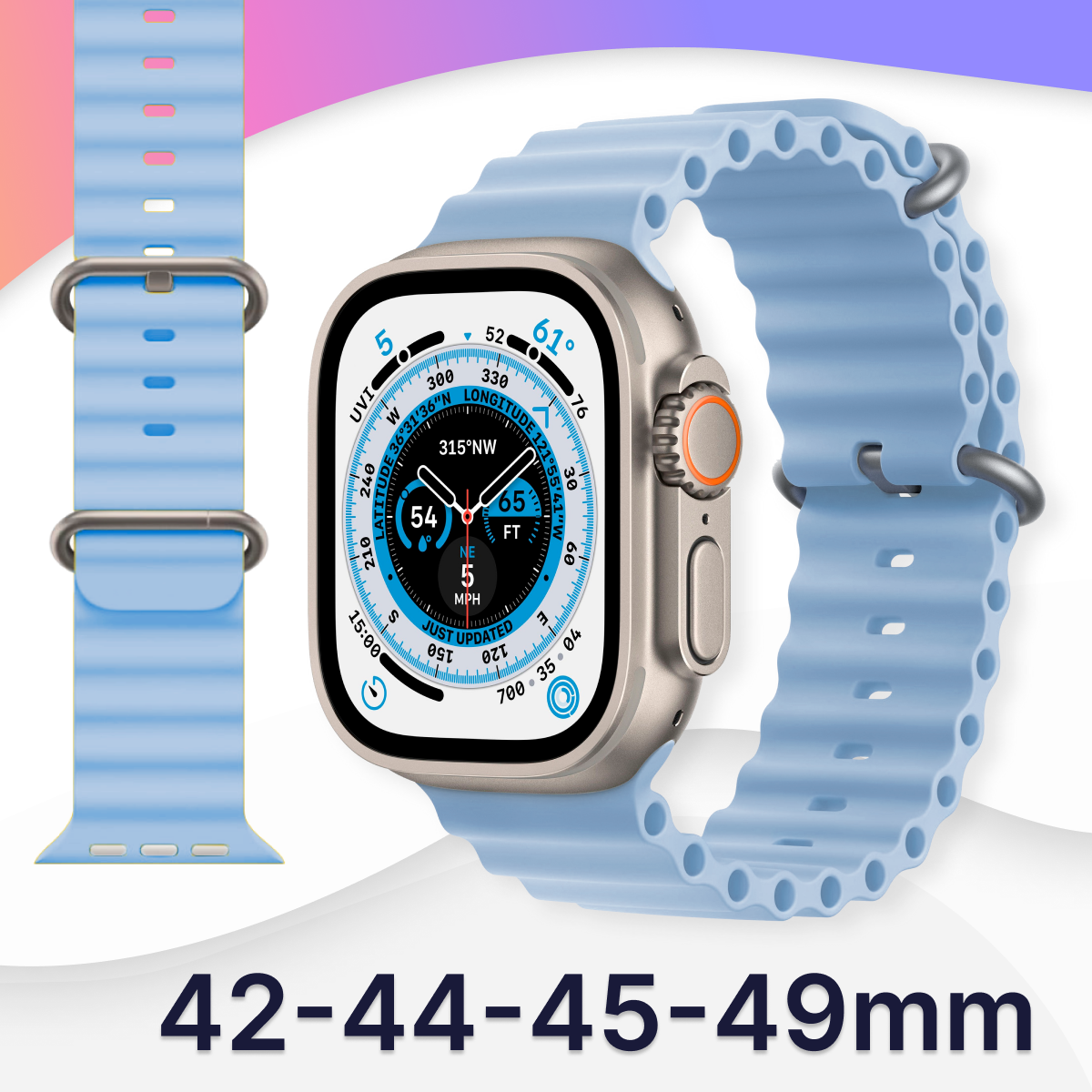 фото Силиконовый ремешок Ocean Band на смарт часы Apple Watch 1-9, SE, 42-44-45-49 мм / Сменный браслет для Эпл Вотч 1, 2, 3, 4, 5, 6, 7, 8, 9, СЕ / Синий