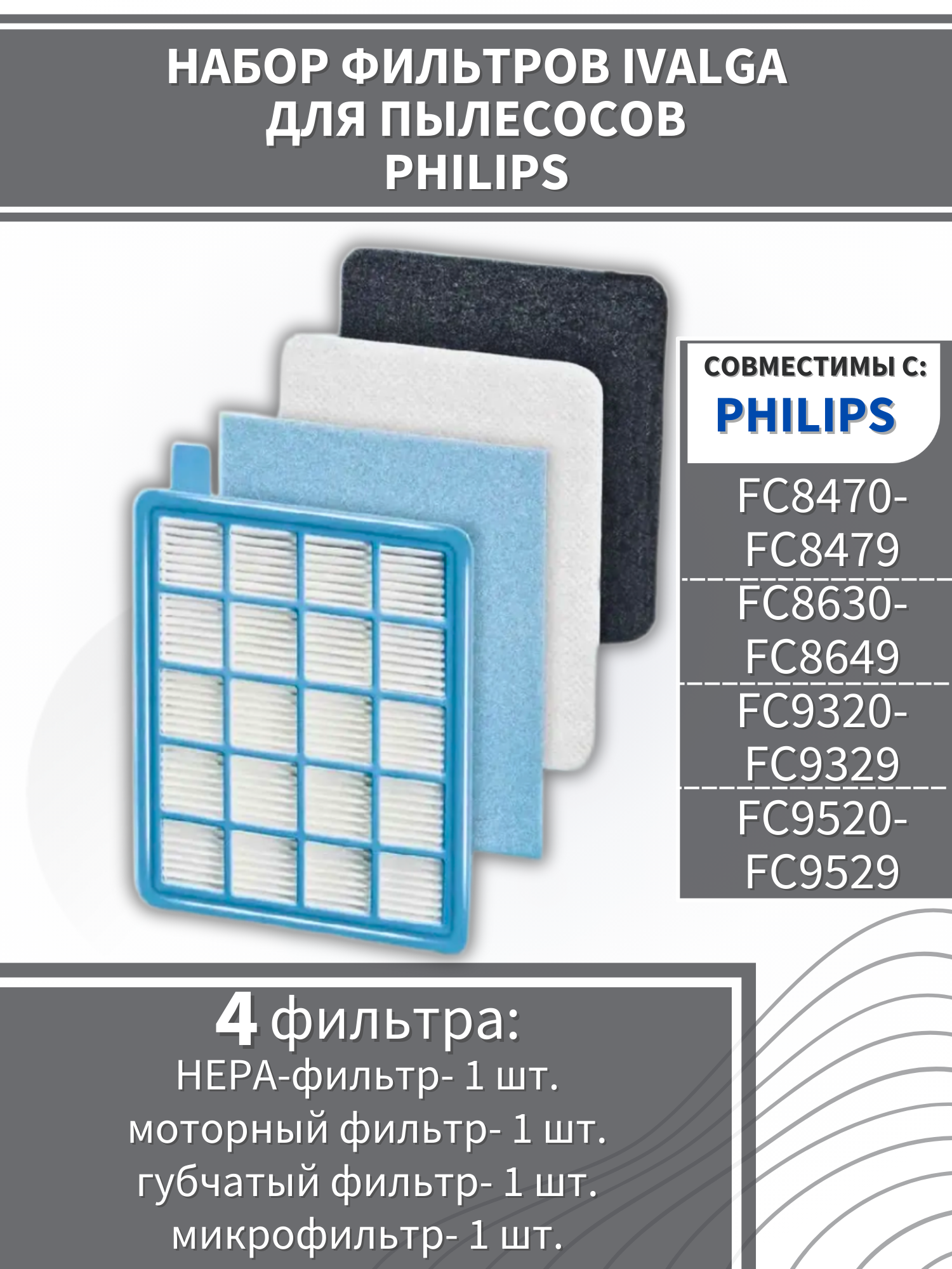 Комплект фильтров для пылесоса Philips FC8470-8479 FC8630-8649 FC9320-9329 FC9520-9529