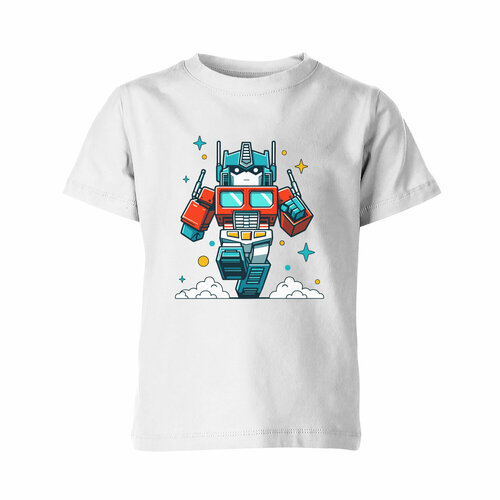 Детская футболка «Робот Трансформер бежит спасать мир. Игрушка» (140, белый)