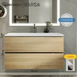 Тумба с раковиной для ванной Uperwood Barsa 100х45,2х57 см, раковина белая, подвесная тумба черная/дуб сонома